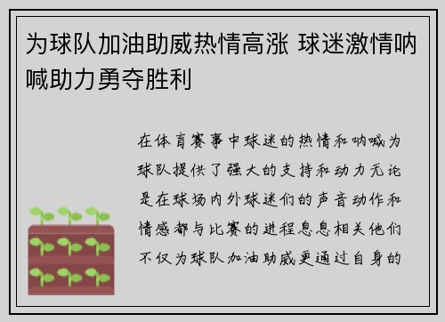 为球队加油助威热情高涨 球迷激情呐喊助力勇夺胜利