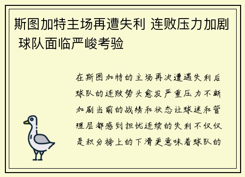 斯图加特主场再遭失利 连败压力加剧 球队面临严峻考验